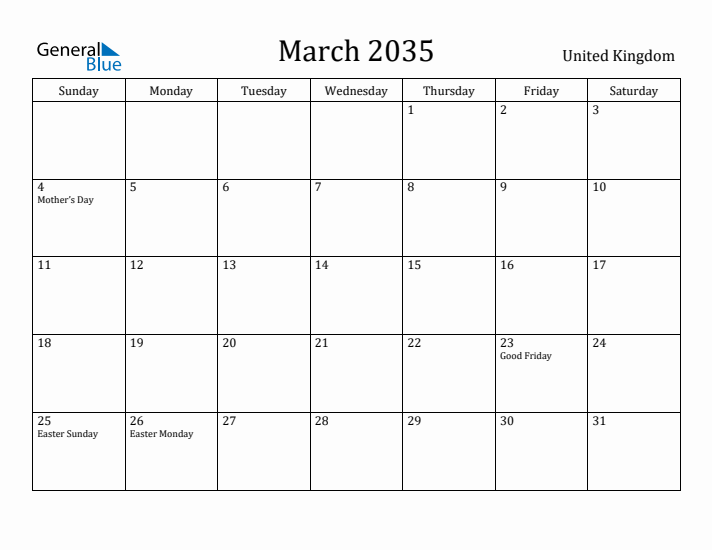 March 2035 Calendar United Kingdom