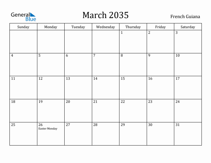 March 2035 Calendar French Guiana