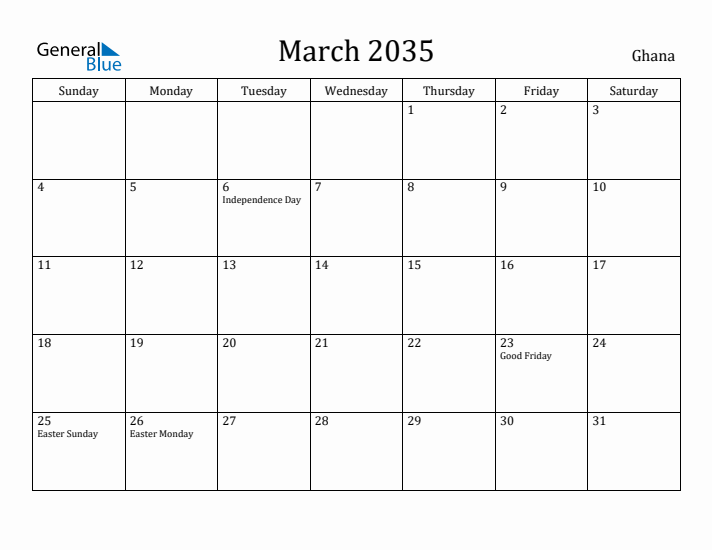 March 2035 Calendar Ghana