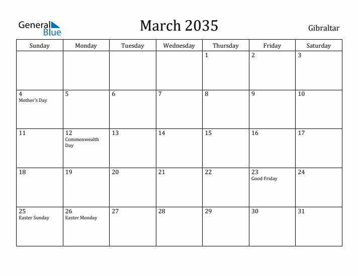 March 2035 Calendar Gibraltar