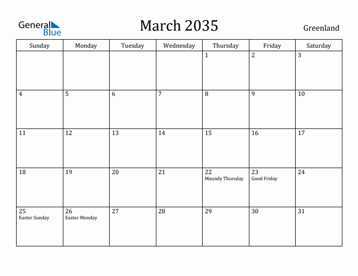 March 2035 Calendar Greenland