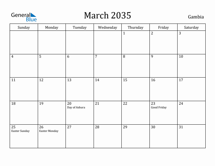 March 2035 Calendar Gambia