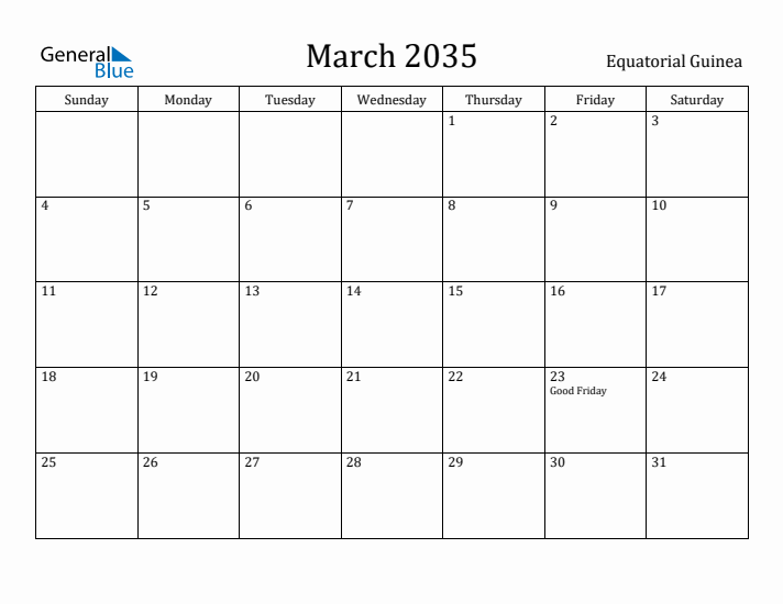March 2035 Calendar Equatorial Guinea