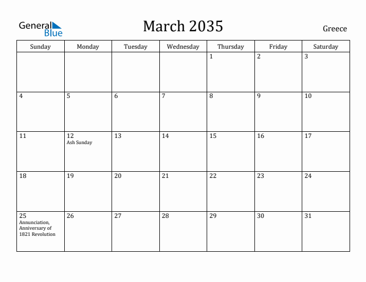 March 2035 Calendar Greece