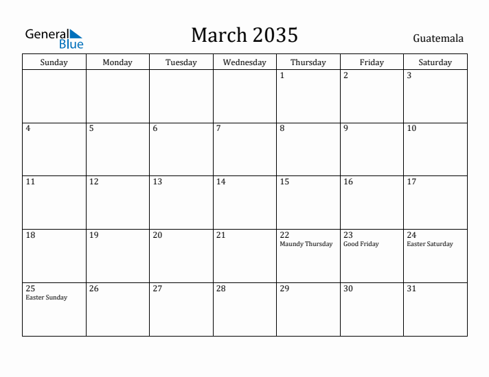 March 2035 Calendar Guatemala