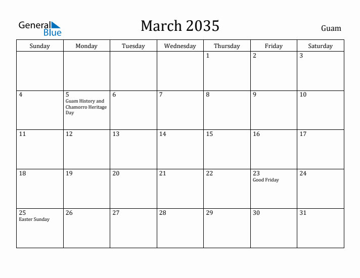 March 2035 Calendar Guam