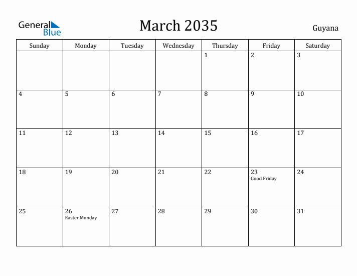March 2035 Calendar Guyana