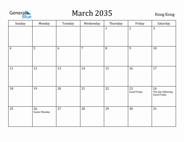 March 2035 Calendar Hong Kong