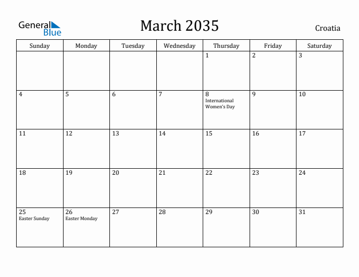 March 2035 Calendar Croatia