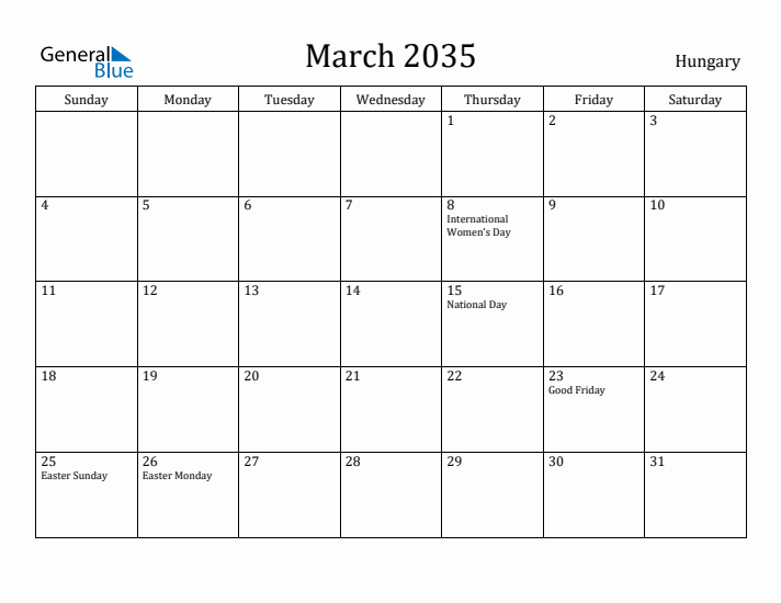 March 2035 Calendar Hungary