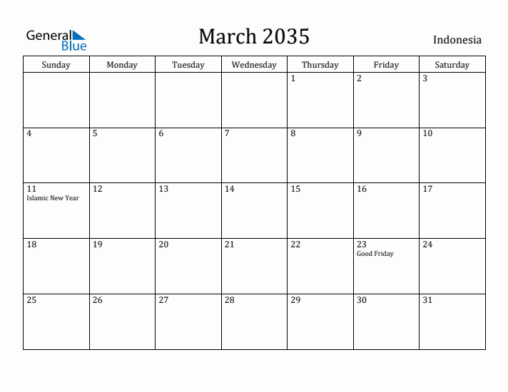 March 2035 Calendar Indonesia