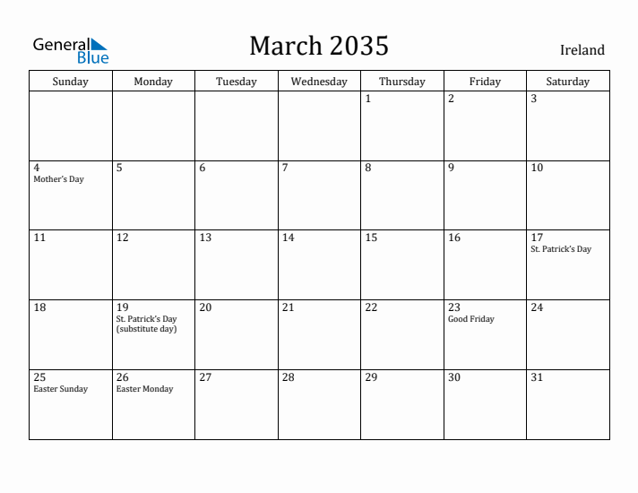 March 2035 Calendar Ireland