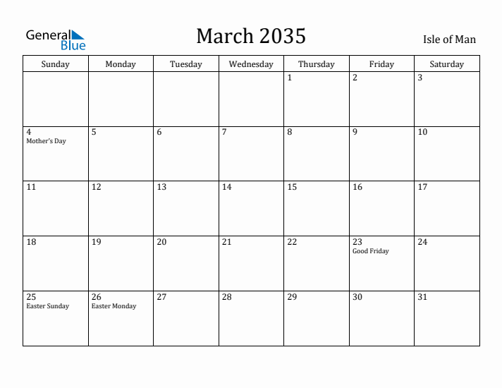March 2035 Calendar Isle of Man