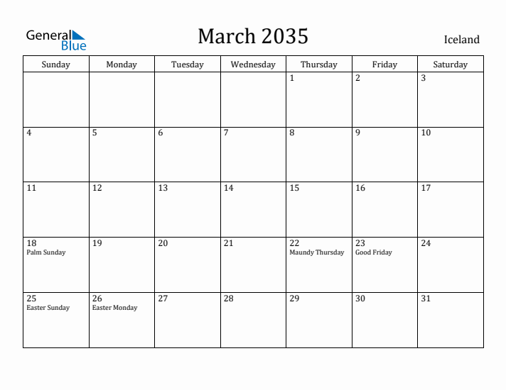 March 2035 Calendar Iceland
