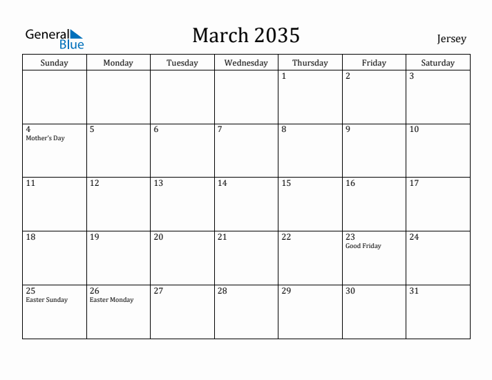 March 2035 Calendar Jersey