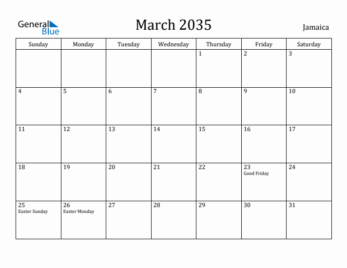 March 2035 Calendar Jamaica