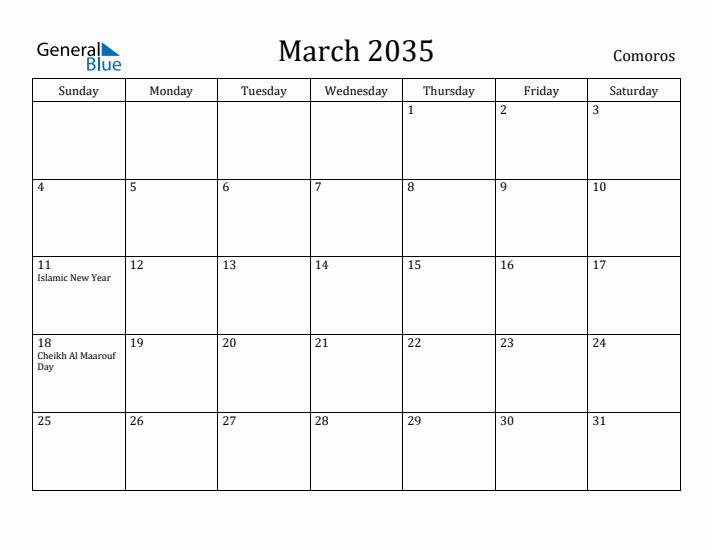 March 2035 Calendar Comoros