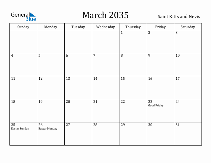 March 2035 Calendar Saint Kitts and Nevis