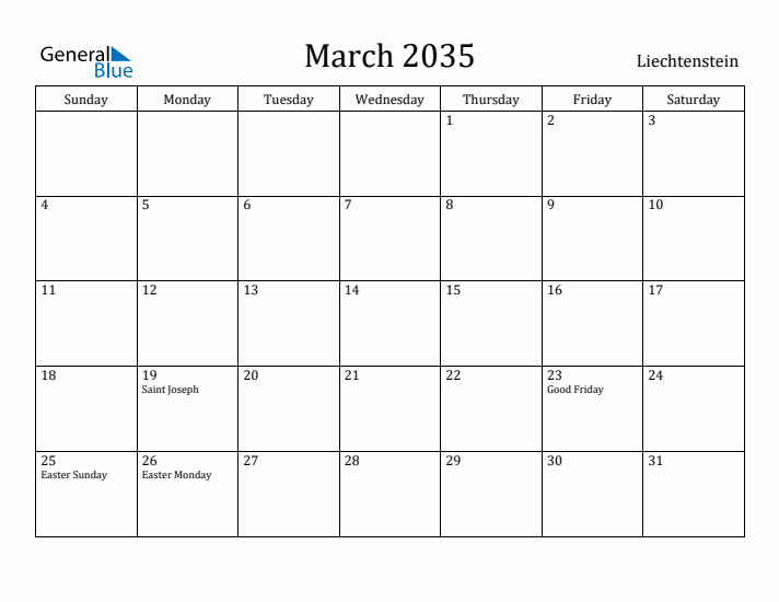 March 2035 Calendar Liechtenstein