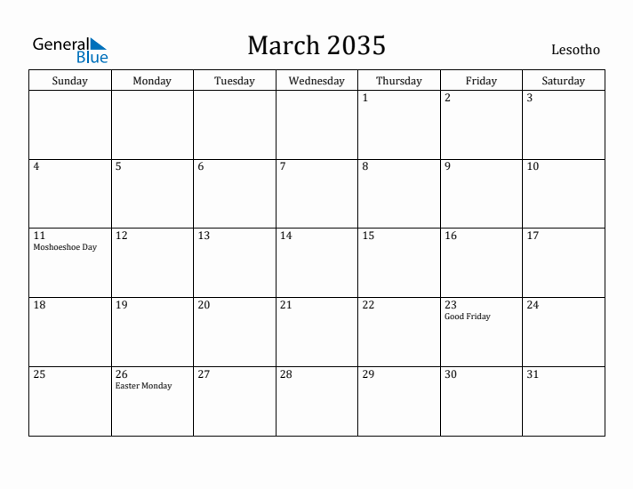 March 2035 Calendar Lesotho