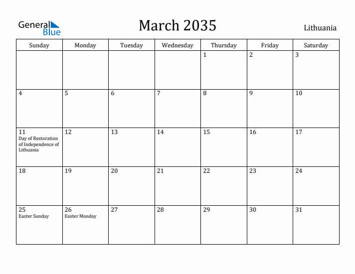 March 2035 Calendar Lithuania
