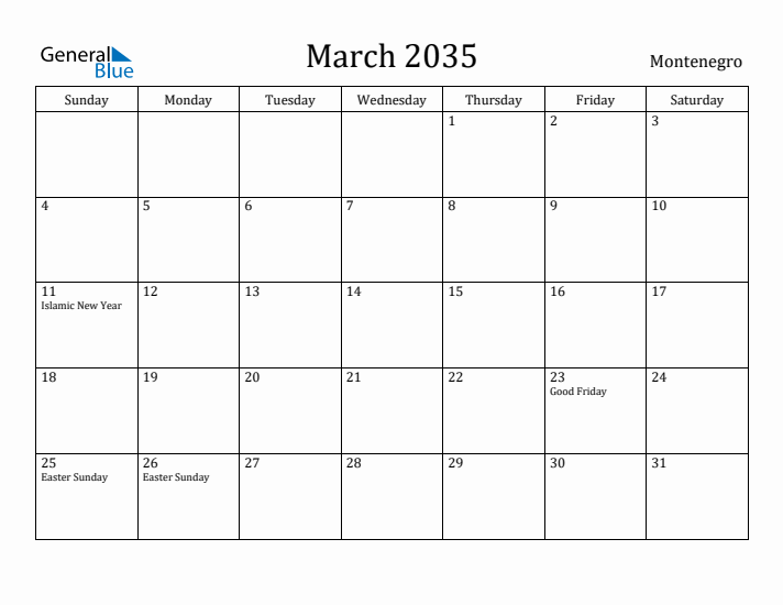 March 2035 Calendar Montenegro