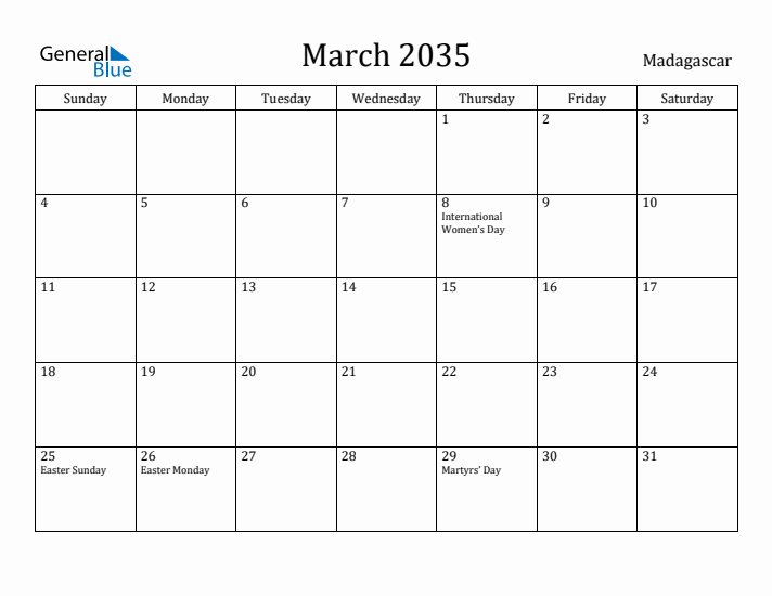 March 2035 Calendar Madagascar