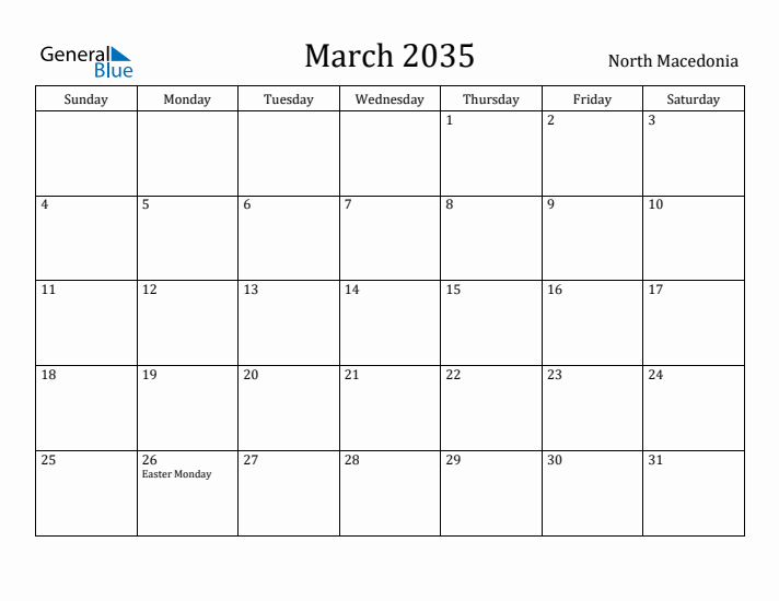 March 2035 Calendar North Macedonia