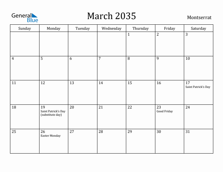 March 2035 Calendar Montserrat