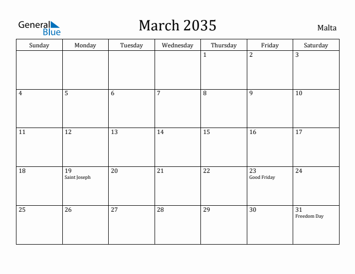 March 2035 Calendar Malta