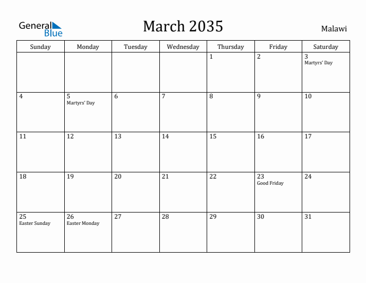 March 2035 Calendar Malawi