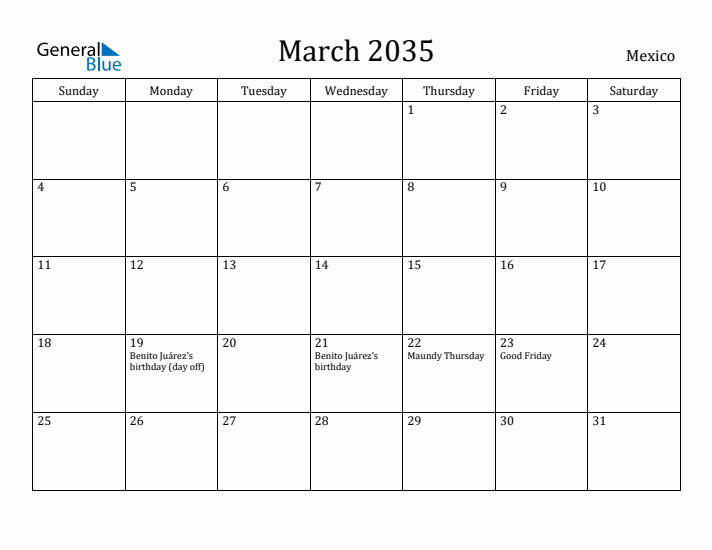 March 2035 Calendar Mexico