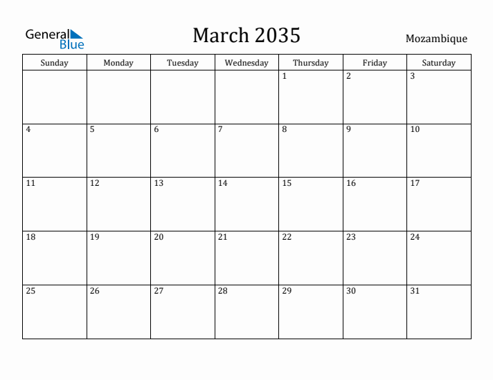 March 2035 Calendar Mozambique