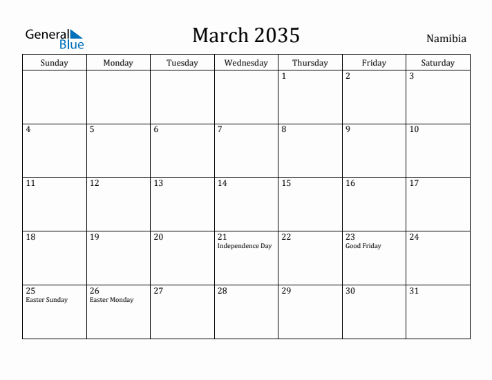 March 2035 Calendar Namibia