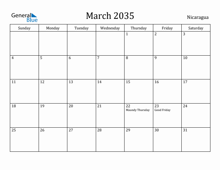 March 2035 Calendar Nicaragua