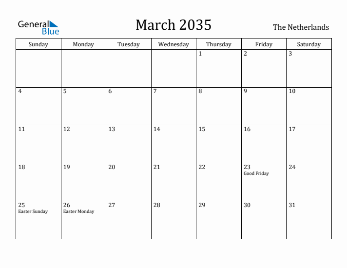 March 2035 Calendar The Netherlands