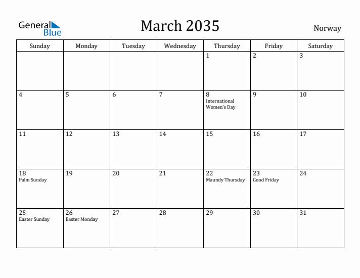 March 2035 Calendar Norway