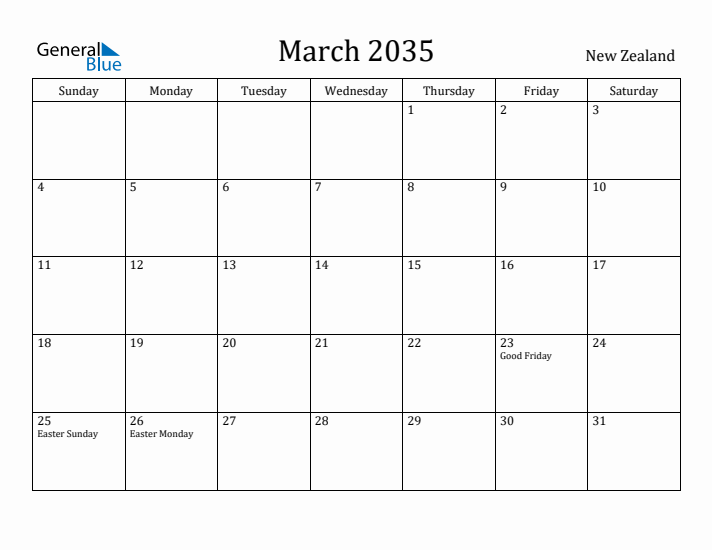 March 2035 Calendar New Zealand