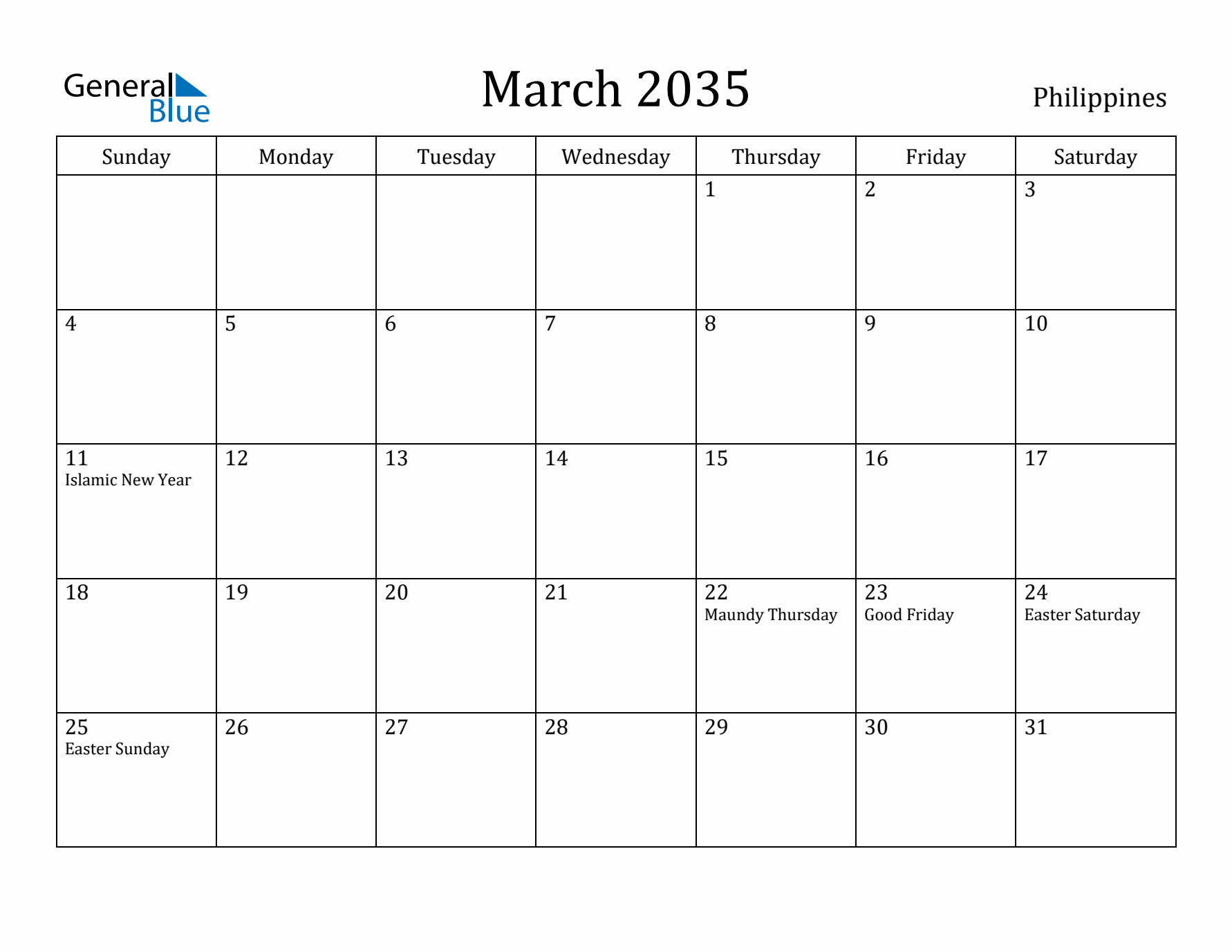 March 2035 Calendar Philippines