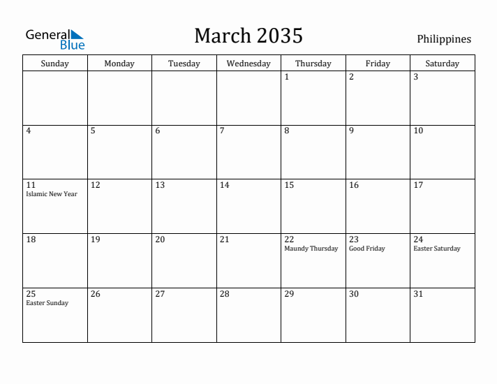 March 2035 Calendar Philippines