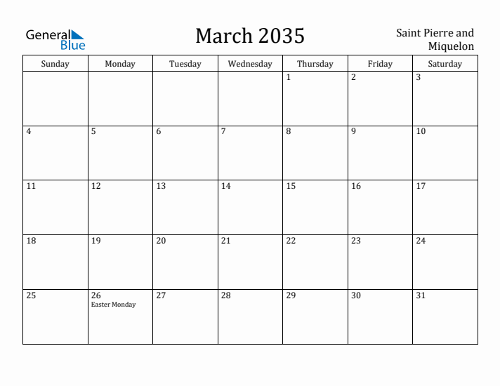 March 2035 Calendar Saint Pierre and Miquelon