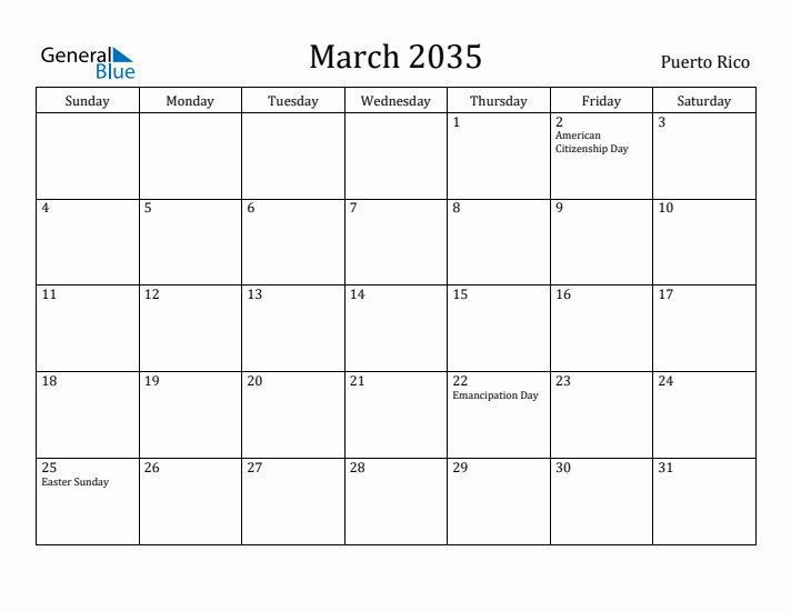 March 2035 Calendar Puerto Rico