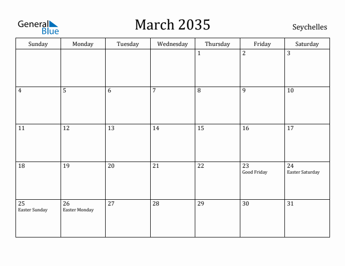 March 2035 Calendar Seychelles