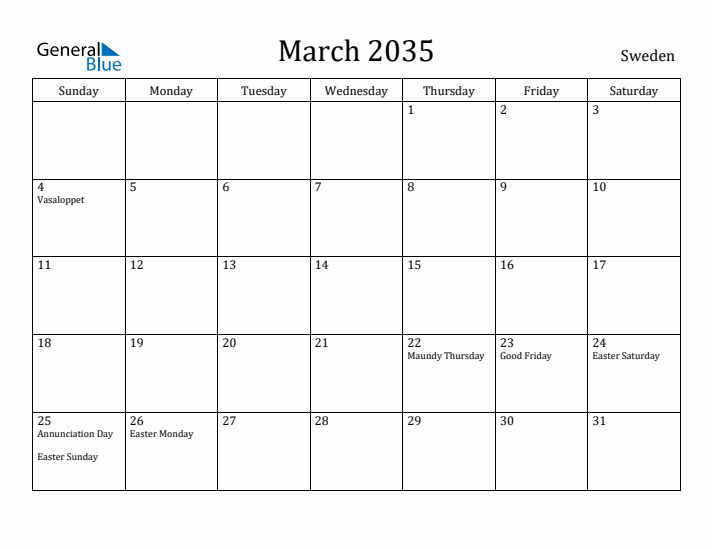 March 2035 Calendar Sweden