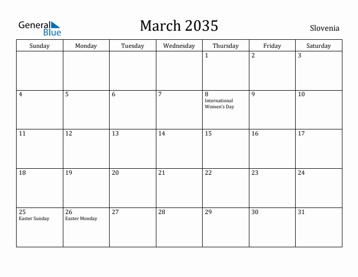 March 2035 Calendar Slovenia