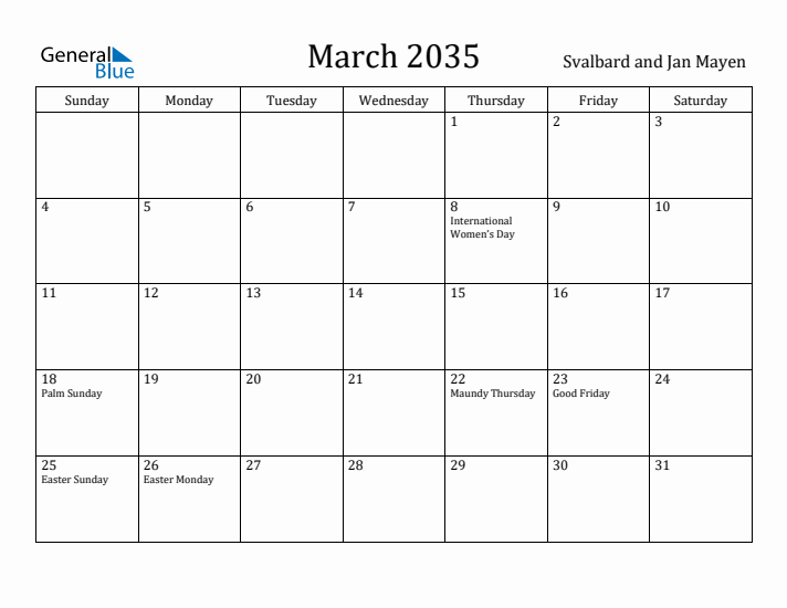 March 2035 Calendar Svalbard and Jan Mayen