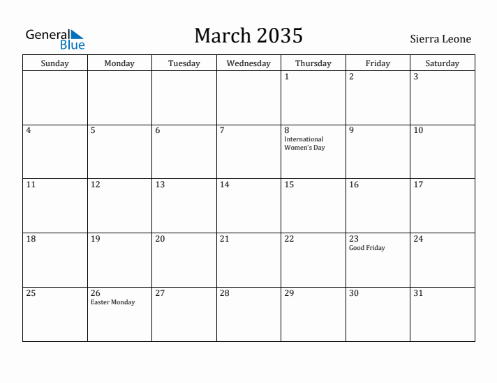 March 2035 Calendar Sierra Leone