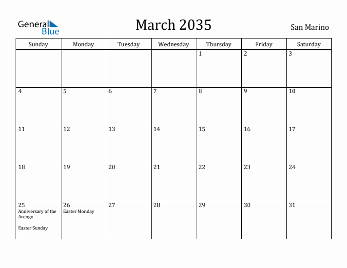 March 2035 Calendar San Marino
