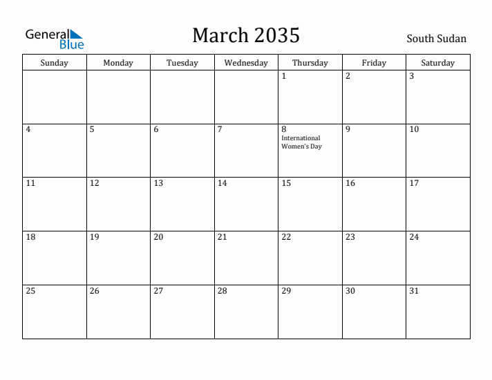 March 2035 Calendar South Sudan