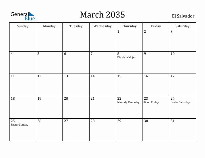 March 2035 Calendar El Salvador